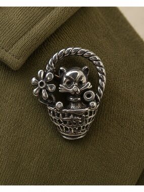 Vintage Mexican Sterling Silver Cat Basket Brooch, MEX 925 Kitty Pin, Taxco